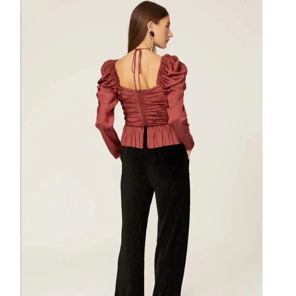 ULLA JOHNSON Women's Red Satin Halter Neck Mirelle Peplum Puff Blouse Size 10